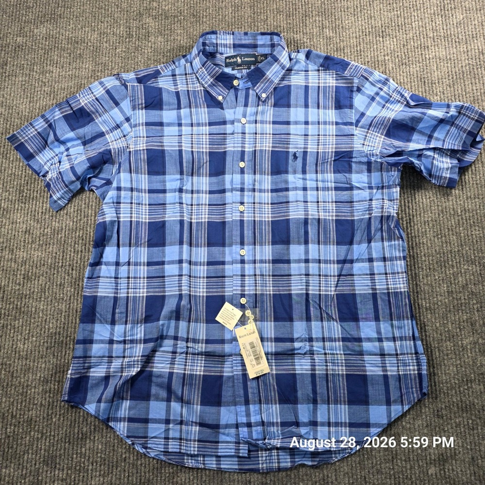Polo Ralph Lauren Mens XL Blue Plaid Short Sleeve Button Down Shirt Classic Fit